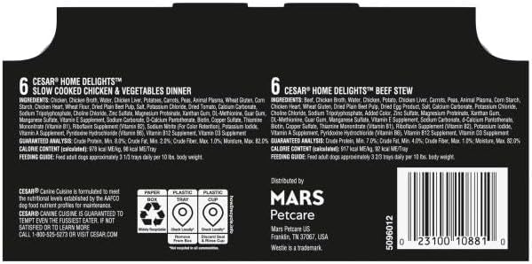 Cesar Home Delights Adult Wet Dog Food, Slow Cooked Chicken & Vegetables Dinner in Sauce and Beef Stew Variety Pack, 3.5 oz. Easy Peel Dog Food Tray, 12 Count (Pack of 2)