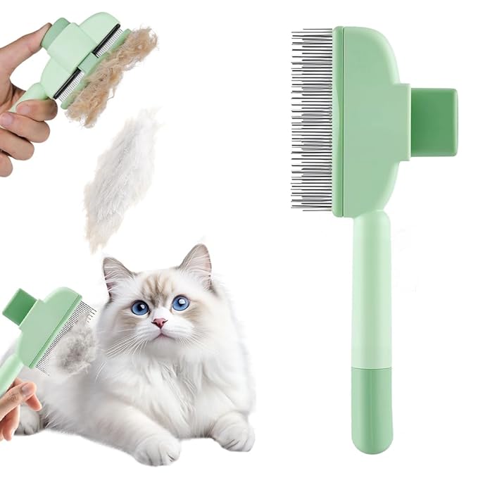 Self Cleaning Pet Hair Removal Comb, Pet Comb with Long Short Stainless Steel Metal Teeth, Cat Grooming Brush, Pet Grooming Supplies for Cat, dog (A - Green - 1 pcs)