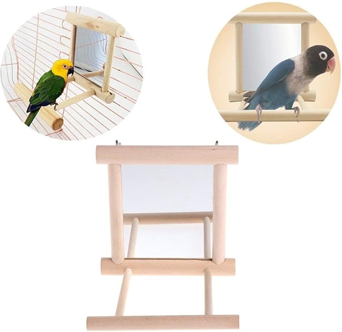 Litewoo Bird Mirror Wooden Hanging Swing Interactive Play Toys for Small Parrot Budgies Macaw African Grey Parakeet Cockatiel Conure Lovebird Cage Accessories (Bird Mirror Perch Stand-2 PCS)