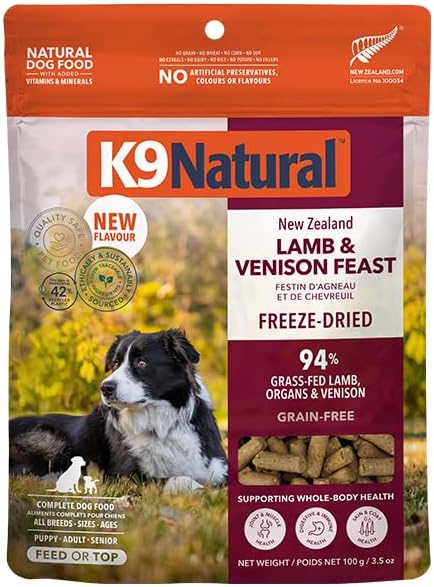 K9 Natural Lamb and Venison Freeze Dried Dog Food, High-Meat and Natural Complete Meal or Meal Toppers for Dogs, Grass-Fed Lamb and Venison from New Zealand, Grain-Free, GMO-Free, 3.5 Ounces