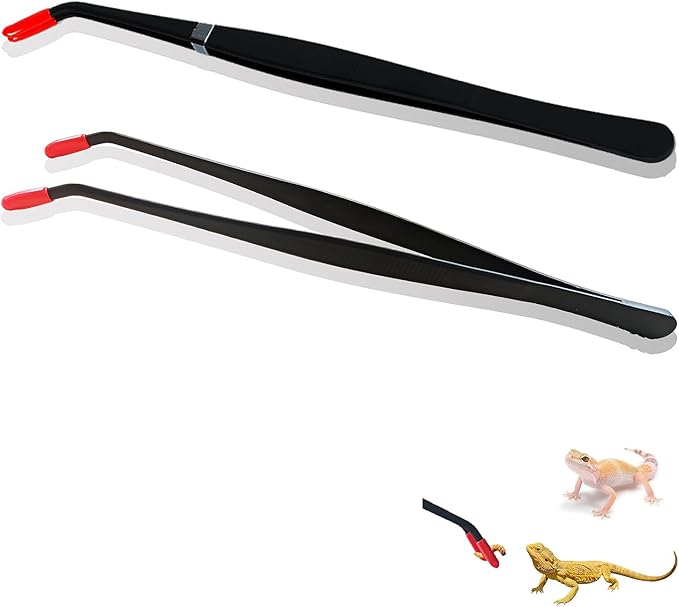 2 Pcs Reptile Feeding Tongs – Stainless Steel Aquarium Tweezers with Rubber Tips, Straight & Curved Long Handle for Bearded Dragons, Lizards, Snakes, Spiders & Terrarium Feeding