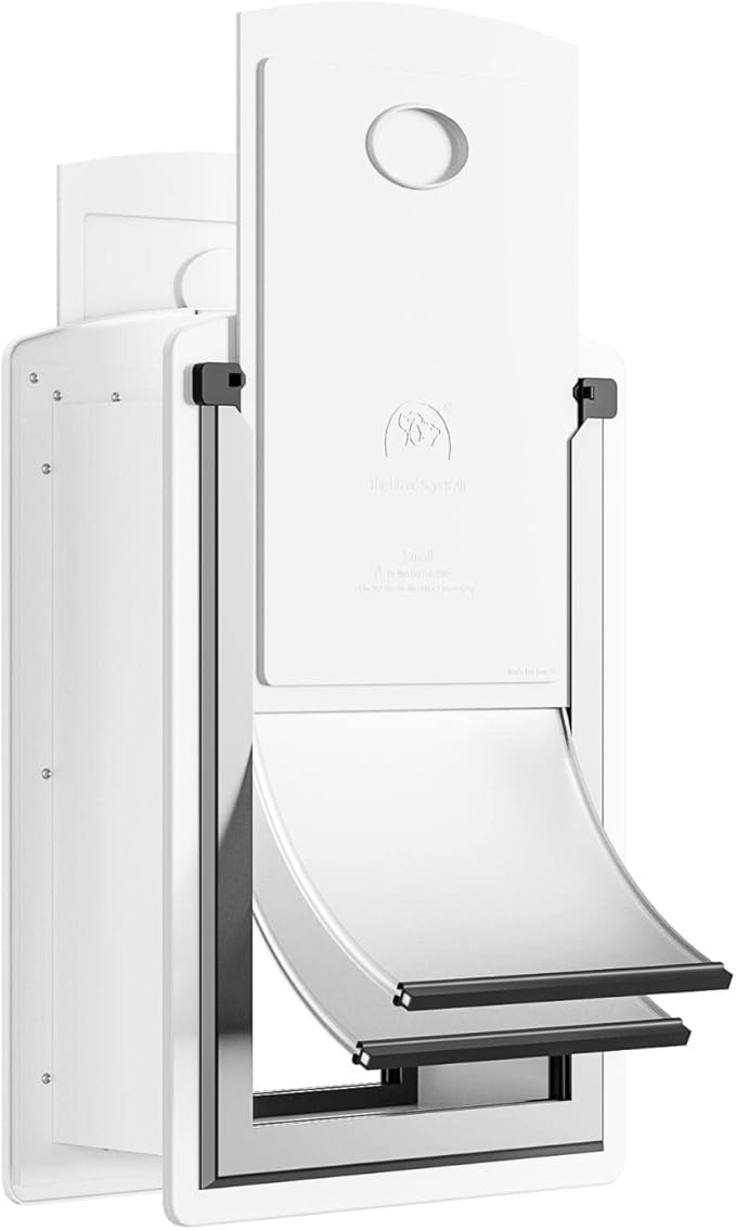 Cat Door for Wall, Energy Efficient Pet Door with Steel Frame, Telescoping Tunnel, Double Magnetic Flaps and Two Sliding Lock Panels, Easy to Install, Milky White, Small