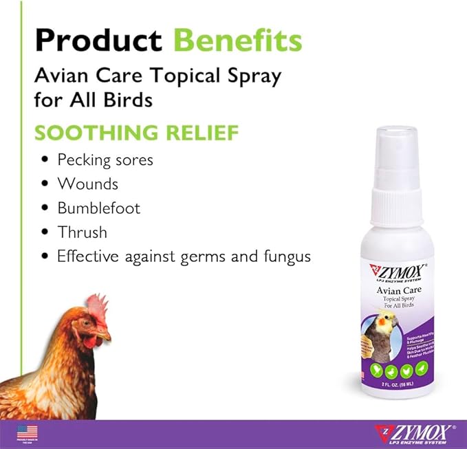 Zymox Avian Care Topical Spray for All Birds, 2 oz. – Soothes Irritated Skin & Supports Healthy Plumage for All Birds, Fowl & Poultry