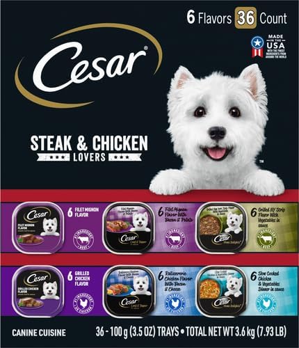 Cesar Wet Dog Food Steak and Chicken Lovers Variety Pack with Real Beef or Real Chicken, 3.5 oz. Easy Peel Trays, 36 Count (Pack of 1)