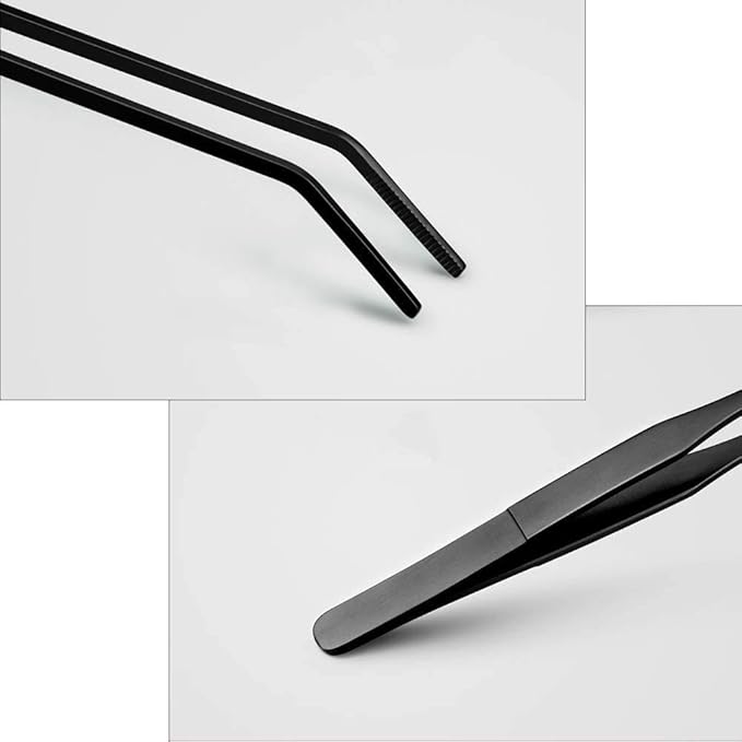 2PCS Aquarium Tweezers Stainless Steel Straight and Curved Tweezers Set Long Handle Reptile Feeding Tongs for Aquatic Plants Lizards Spider Snakes Garden Repairing - 10.6inch, Black
