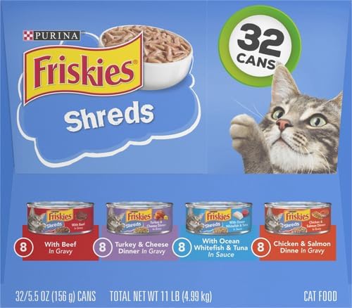 Friskies Purina Gravy Wet Cat Food Variety Pack,Savory Shreds with Beef,Turkey and Cheese Dinner,Chicken and Salmon Dinner,with Ocean Whitefish-and Tuna - 5.5 oz. Cans,(Pack of 64)
