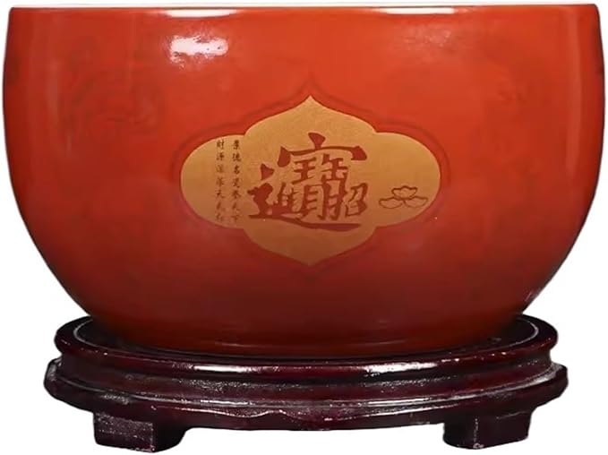 Fish Tank Treasure Bowl Ceramic Fortune Fish Tank Desktop Ceramic Small Treasure Bowl Turtle Feeding Bowl Aquarium(Red,21x13cm)