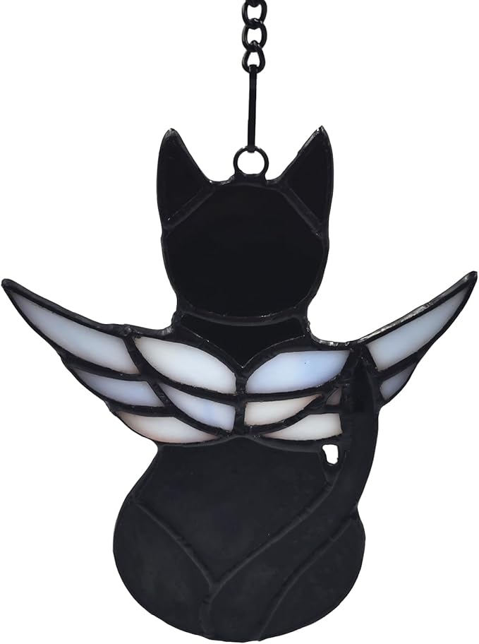 Handcrafted Stained Glass Black Angel Cat Suncatcher - Pet Memorial Gift with Colorful Wings, Cat Lovers Sympathy Gift, Home Window Decor