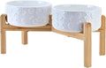 SPUNKYJUNKY Elevated Dog Bowls Ceramic, 7.3'' Dogs Food Water Bowls Raised with Non-Slip Bamboo Stand for Medium to Large Sized Breed Microwave Dishwasher Safe - 42 OZ,Skull White