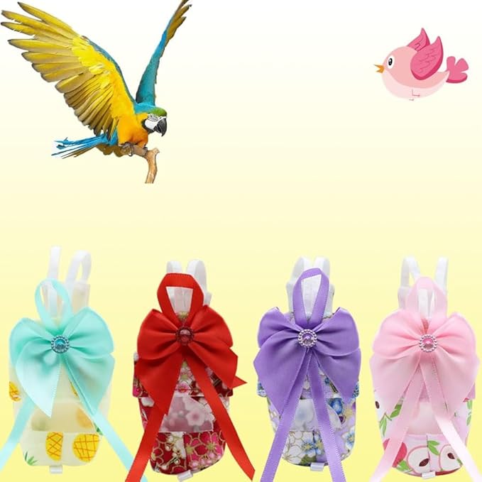 6pcs Bow Bird Diaper Set, Soft Reusable Flight Suit Clothing for Parrots Budgies Cockatiels — Cleaner Indoor Bonding & Training(M)