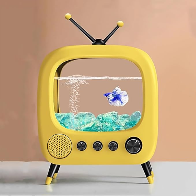 Fish Tank Mini Aquarium,Realistic TV Styling,Small Betta Fish Tank Starter Kit,Desktop Fish Bowl for Desk Display with Lights,Helping Cats Fight Depression,Yellow a