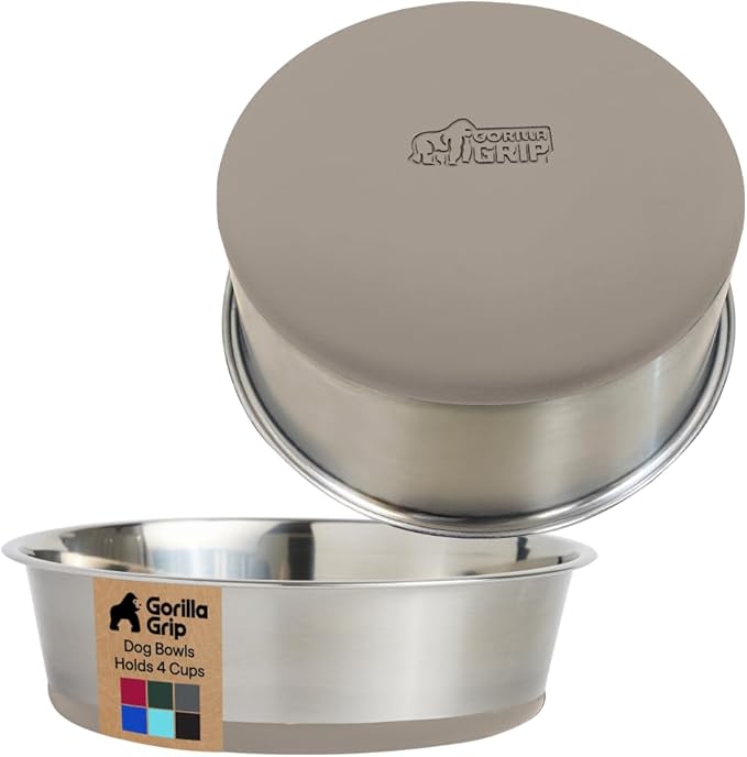GORILLA GRIP Dog Bowls, Holds 4 Cups Each (32 fl oz), Heavy Duty Stainless Steel Food and Water Bowl for Feeding Dogs and Cats, Dishwasher Safe, Rust Resistant, BPA Free Rubber Base, Set of 2 Beige