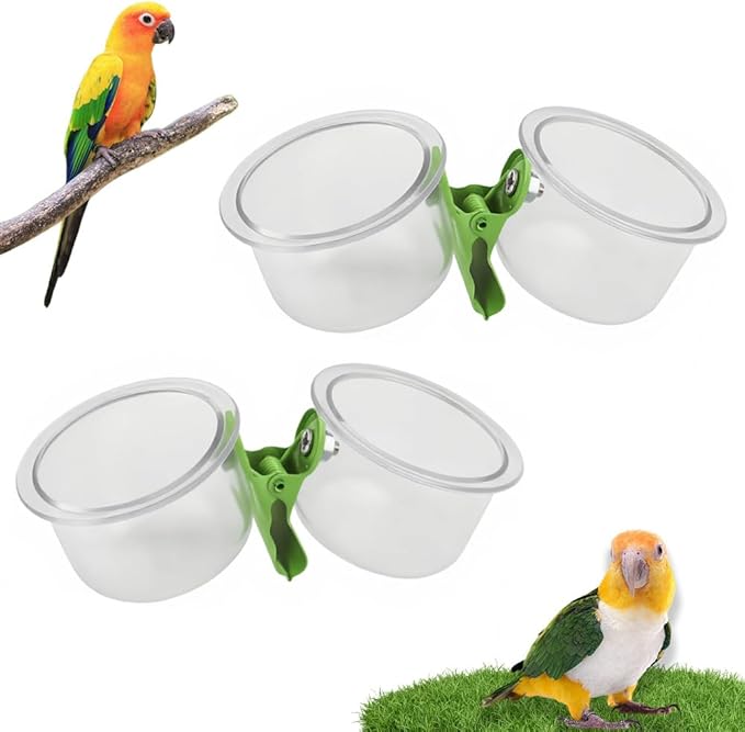2 Pack Bird Feeding Cup Plastic Feeder with Clamp Holder for Small Size Birds Parakeet African Greys Conure Cockatiels Budgies Chinchilla