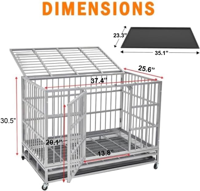 38 inch Heavy Duty Indestructible and Escape-Proof Dog Crate Cage Kennel for Large Dogs, High Anxiety Dog Crate with Removable Wire Trays and Wheels, Extra Large XL XXL, Silver