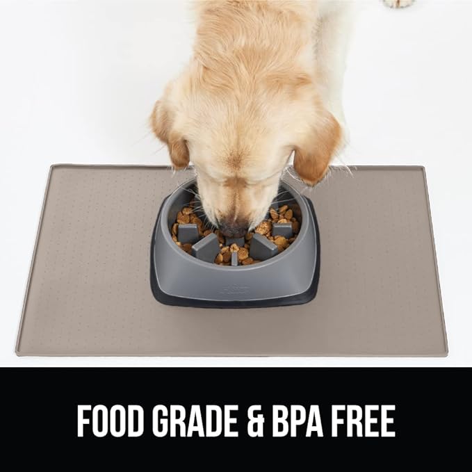 GORILLA GRIP 100% Waterproof Raised Edge BPA Free Silicone Pet Feeding Mat, Dog Cat Food Mats Contain Spills Protects Floors, Placemats for Cats and Dogs Water Bowl, Pets Accessories 23x15 Beige