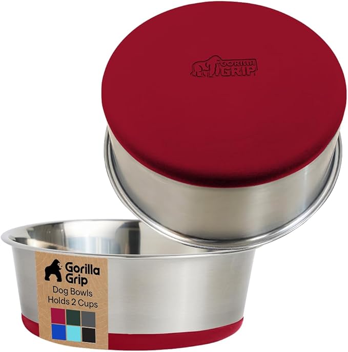GORILLA GRIP Dog Bowls, Holds 2 Cups Each (16 fl oz), Heavy Duty Stainless Steel Food and Water Bowl for Feeding Dogs and Cats, Dishwasher Safe, Rust Resistant, BPA Free Rubber Base, Set of 2 Red