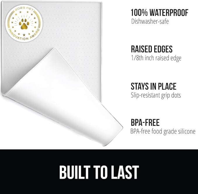 GORILLA GRIP 100% Waterproof Raised Edge BPA Free Silicone Pet Feeding Mat, Dog Cat Food Mats Contain Spills Protects Floors, Placemats for Cats and Dogs Water Bowl, Pets Accessories 32x24 White