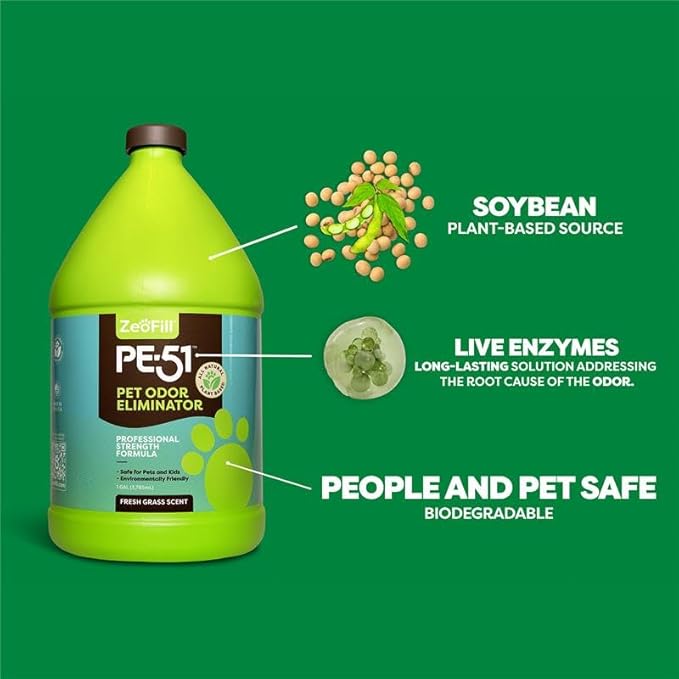 Zeofill® Artificial Turf Cleaner & Pet Odor Eliminator Premium Bundle – 8LBS OdorZorb, 1 Gal PE-51, 32oz PE-51 w/Nozzle – for Turf, Grass, Litter Box – Organic & Natural