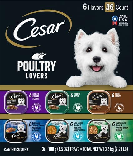Cesar Classic Loaf in Sauce and Home Delights Adult Wet Dog Food Poultry Lovers Variety Pack with Real Chicken, Turkey or Duck, 3.5 oz. Easy Peel Trays, 36 Count (Pack of 1)