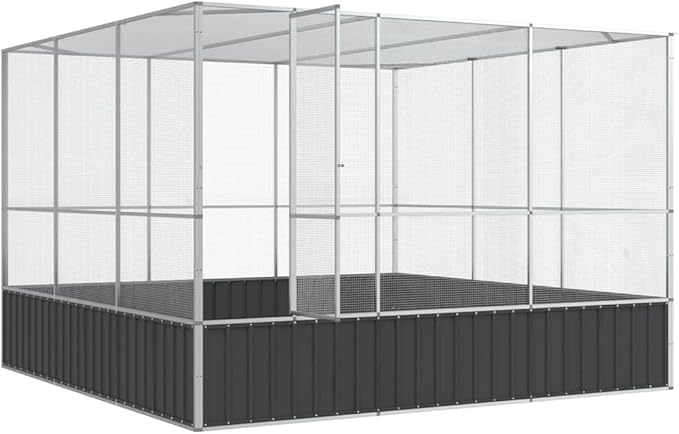 ** vidaXL Aviary Silver 122.4"x120.9"x83.5" - Galvanized Steel Bird Cage with Lockable Door and Steel Mesh Grids for Outdoor and Indoor Use