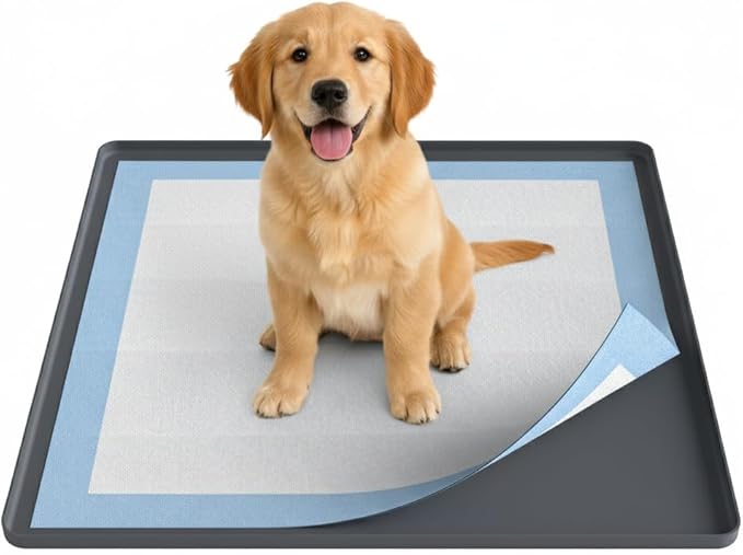 Pee Pad Holder for Dogs 27" x 27", Non-Slip Silicone Large Puppy Potty Tray Training Pads, Flat Surface for Easy-Clean, Floor Protective with Raised Edge, Dark Gray