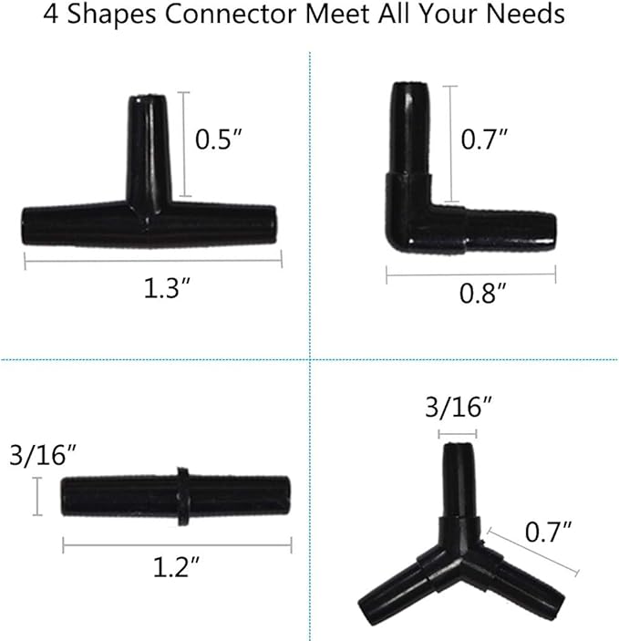 JIH Aquarium 100 Feet Standard 3/16" Black Flexible Airline Tubing with Black Plastic Connectors for Fish Tank,Terrariums, and Hydroponics