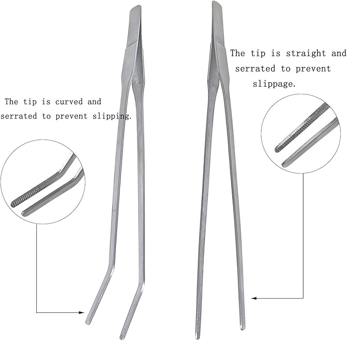 2 Pcs Feeding Tongs, Aquarium Tweezers Stainless Steel Straight and Curved Tweezers Set 27cm/10.6 inches Aquascaping Tools for Hold Worms, Reptiles, Lizards, Bearded Dragon (Silver)