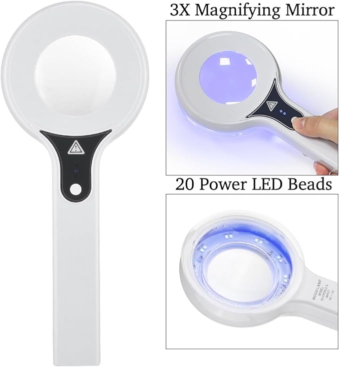 Portable Woods Lamp, Professional Woods Lamp Skin Analyzer, Rechargeable Pet Urine Detector, Built-in 3X Magnifying Mirror for Facial Skin Condition Test, w/Light Shield & Pouch