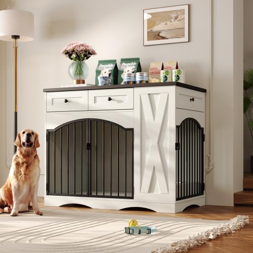 Farmhouse Style Dog Crate Furniture with 3 Drawers - Heavy Duty Indoor Wooden Dog Kennel, End Table for Medium Large Dogs, Removable Feeder, 43.3 Inch Large Dog Cage with Double Door Design