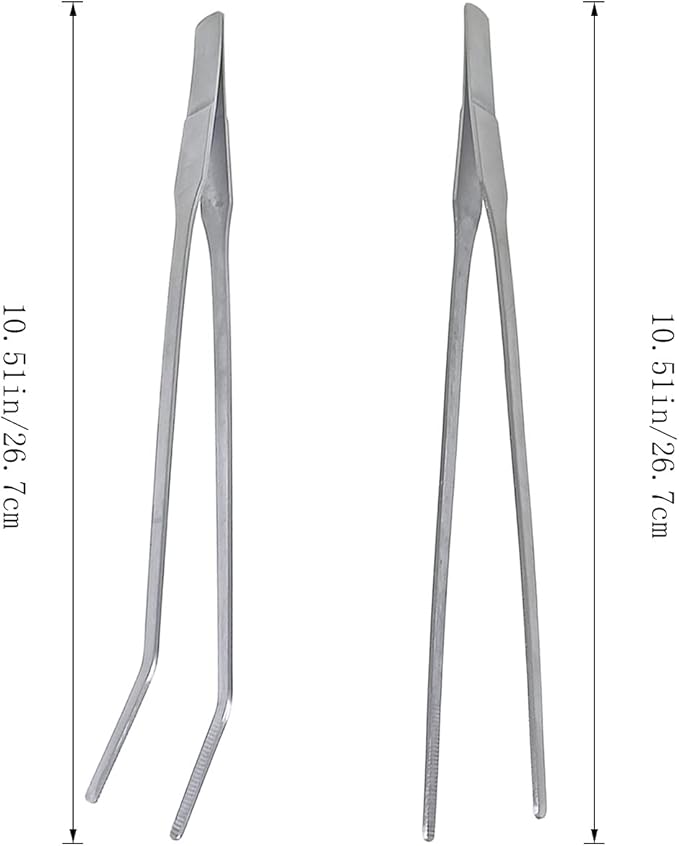 2 Pcs Feeding Tongs, Aquarium Tweezers Stainless Steel Straight and Curved Tweezers Set 27cm/10.6 inches Aquascaping Tools for Hold Worms, Reptiles, Lizards, Bearded Dragon (Silver)