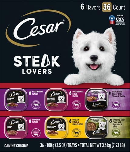 Cesar Adult Wet Dog Food Steak Lovers Variety Pack with Real Meat, 3.5 oz. Easy Peel Trays, 36 Count (Pack of 1)