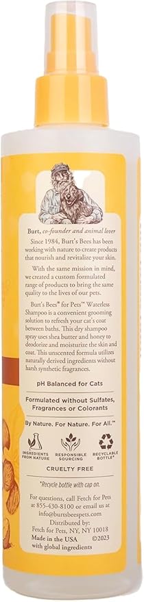 Burt's Bees for Pets Waterless Cat Shampoo Spray, No-Rinse Cat Dry Shampoo with Shea Butter & Honey for Gentle Cleaning Between Baths, pH Balanced, No Harsh Detergents, 10 Fl Oz