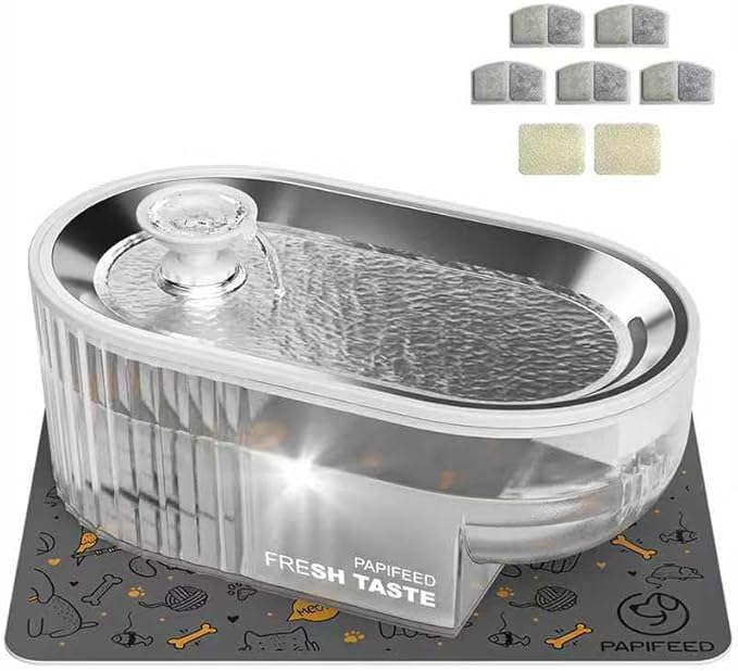 Cat Water Fountain Stainless Steel with a Silicone Mat, 84oz/2.5L Automatic Cat Water Fountain with Water Level Window and LED Light, Quiet Low Power Cat Water Bowl & Cat Water Dispenser(White)