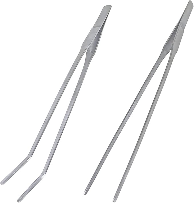 2 Pcs Feeding Tongs, Aquarium Tweezers Stainless Steel Straight and Curved Tweezers Set 27cm/10.6 inches Aquascaping Tools for Hold Worms, Reptiles, Lizards, Bearded Dragon (Silver)