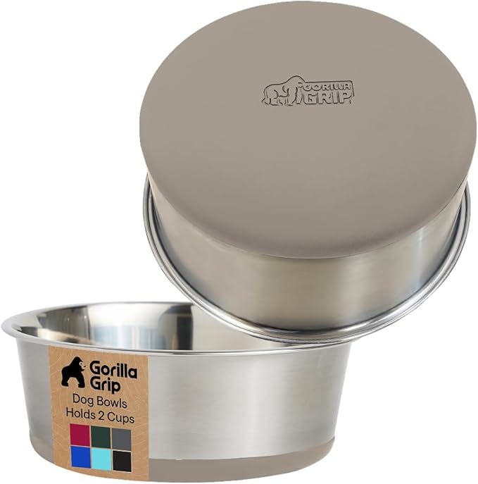 GORILLA GRIP Dog Bowls, Heavy Duty 304 Stainless Steel, Holds 2 Cups Each (16 fl oz) Food and Water Bowl for Feeding Dogs and Cats, Dishwasher Safe, Rust Resistant, BPA Free Rubber Base Set of 2 Beige