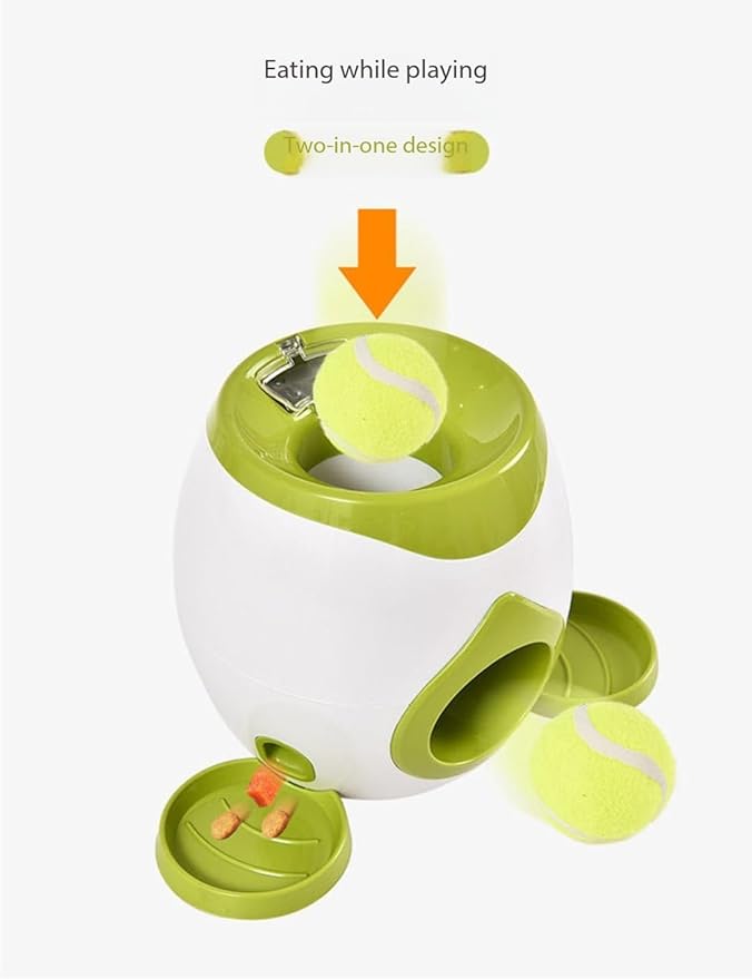 Interactive Dog Fetch Toy with Tennis Ball Launcher, Automatic Treat Dispenser, Green and White (Grey)