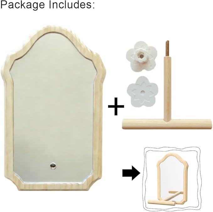 Mirror with Perch for Parrots, Wooden Standing Bird Mirror Toy Chewing Perch with Reflective Mirror for Cockatiel, Lovebird, Parakeet, Bird Cage Accessories ﻿ (Small Mirror 15cm)