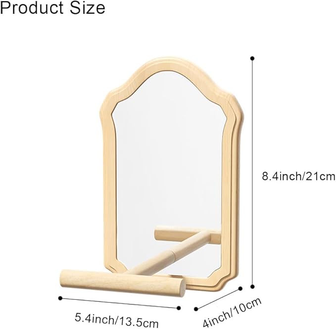 Mirror with Perch for Parrots, Wooden Standing Bird Mirror Toy Chewing Perch with Reflective Mirror for Cockatiel, Lovebird, Parakeet, Bird Cage Accessories ﻿ (Large Mirror 21cm)