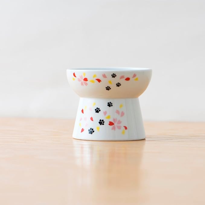 Necoichi Raised Cat Food Bowl – Ceramic Elevated Cat Bowl for Whisker & Neck Fatigue, Dishwasher Microwave Safe – Non-Slip & Anti Vomiting Ergonomic Design (Sakura Floral, Large, 2-Cup Capacity)