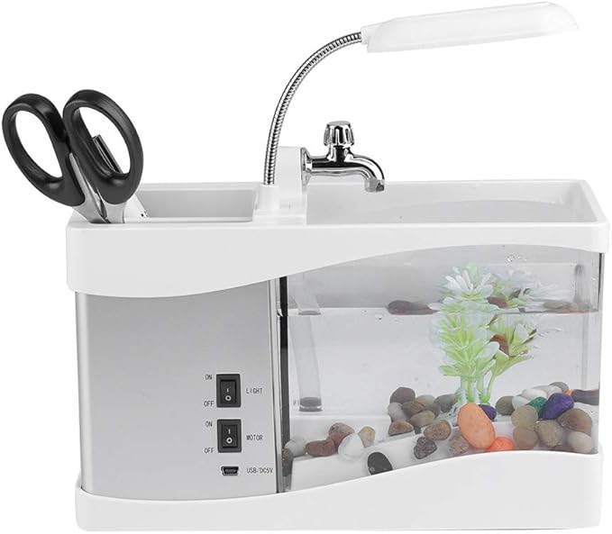 Small Divided Fish Multifunctional USB Rechargeable Mini Fish Aquarium with Clock Function LED Light(White)