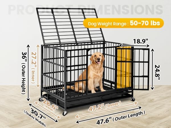 Oranland 48 Inch Heavy Duty Dog Crate Cage with Wheels, High Anxiety Indestructible, Sturdy Locks Design, Double Door and Removable Tray, Extra Large XL XXL