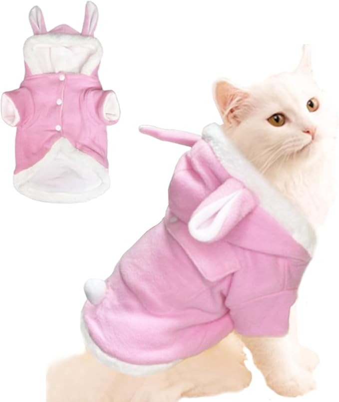 ANIAC Bunny Ears Cat Costume Plush Dog Hoodies with Pocket Sweater Cute Kitten Cat Clothes Warm Rabbit Ears Outfit with Hood for Small Dog Cat and Puppy (Pink-2, Medium)