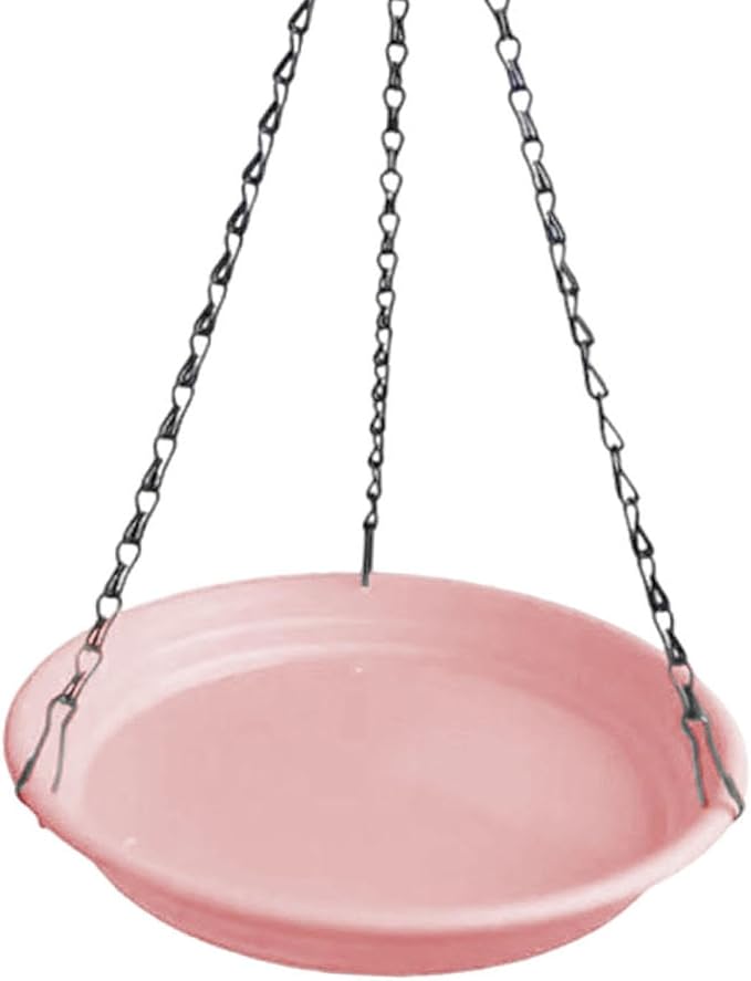 Hanging Bird Feeder and Waterer Tray Water Feeding Bowl Garden Decor with Chains Sturdy Birds Water Station for Backyard Yard, Pink