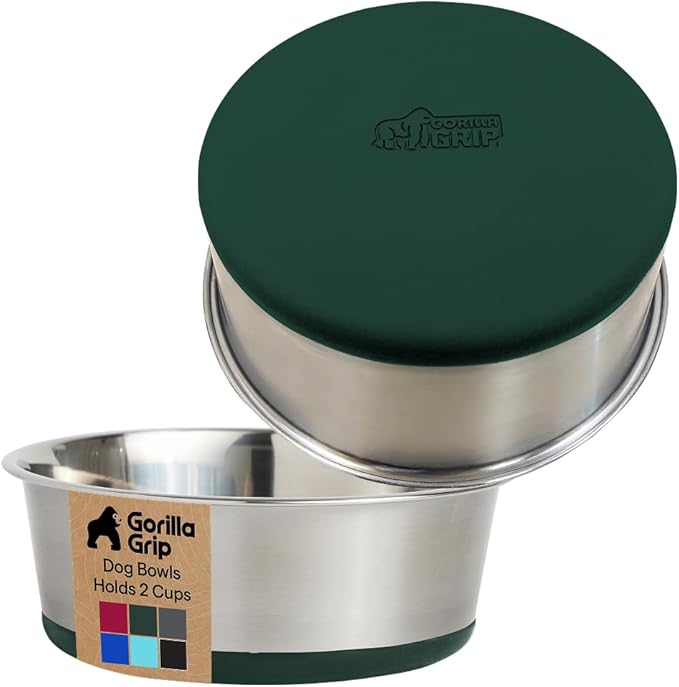 GORILLA GRIP Dog Bowls, Holds 2 Cups Each (16 fl oz), Heavy Duty Stainless Steel Food and Water Bowl for Feeding Dogs and Cats, Dishwasher Safe, Rust Resistant, BPA Free Rubber Base, Set of 2 Green