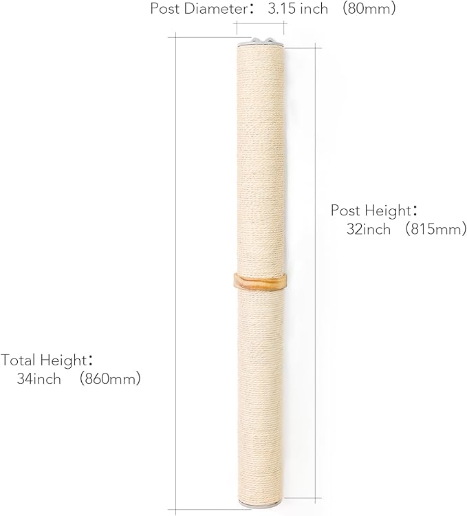 ESPETS 34'' Tall Sisal Rope Cat Scratching Post, Wall Mount 2 Ties Cat Pole - Vertical Cat Wall Scratcher, Cat Wall Furniture