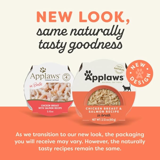Applaws Natural Wet Cat Food in Broth, Limited and Natural Ingredients, High Protein with No Artificial Additives, Chicken Breast & Salmon in Broth (10 x 2.12 oz Easy-Open Cups)
