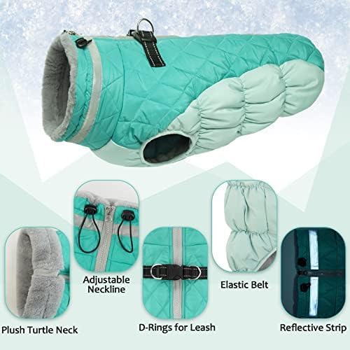 Lelepet Dog Coat Warm Dog Winter Coat Waterproof Dogs Jacket with Harness Built in Reflective Pet Fleece Vest Zip-Up Cold Weather Coats for Large Dogs Turtleneck & Windproof Pitbull Mint Green 2XL