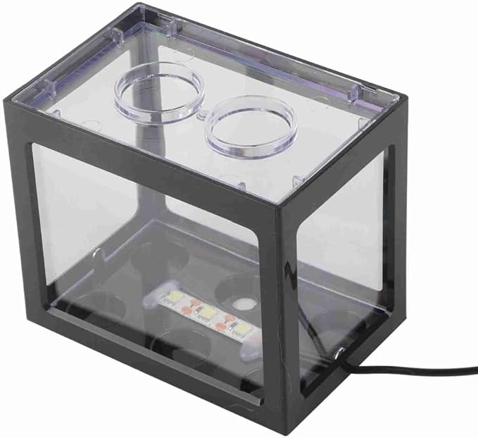 Mini USB LED Aquarium Fish Bowl Plastic Tank with White Light for Desk Tabletop Decor Energy-Saving Office Accent(Black)