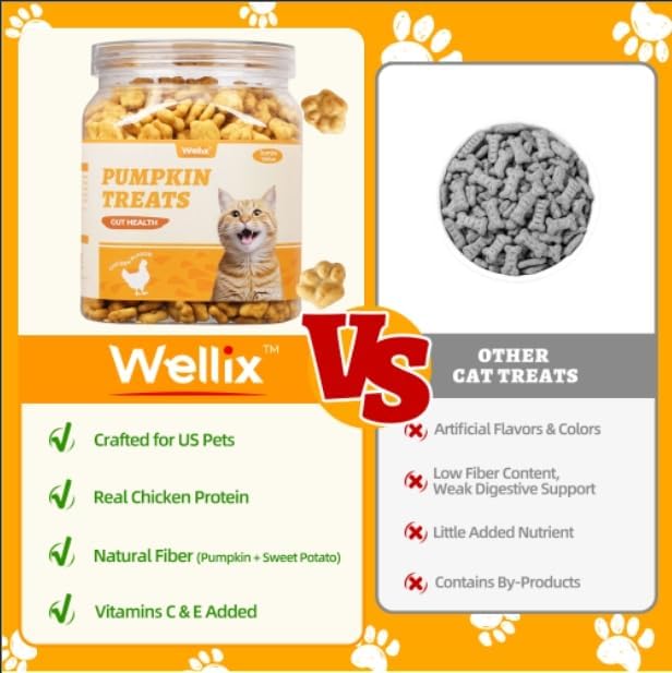 Wellix 13.05oz Healthy Cat Treats Pumpkin Flavor - Chicken Formula Stomach Sensitive Kitten Snacks for Digestive Support - Cat Constipation Relief Low Calorie Food Topper for Cats