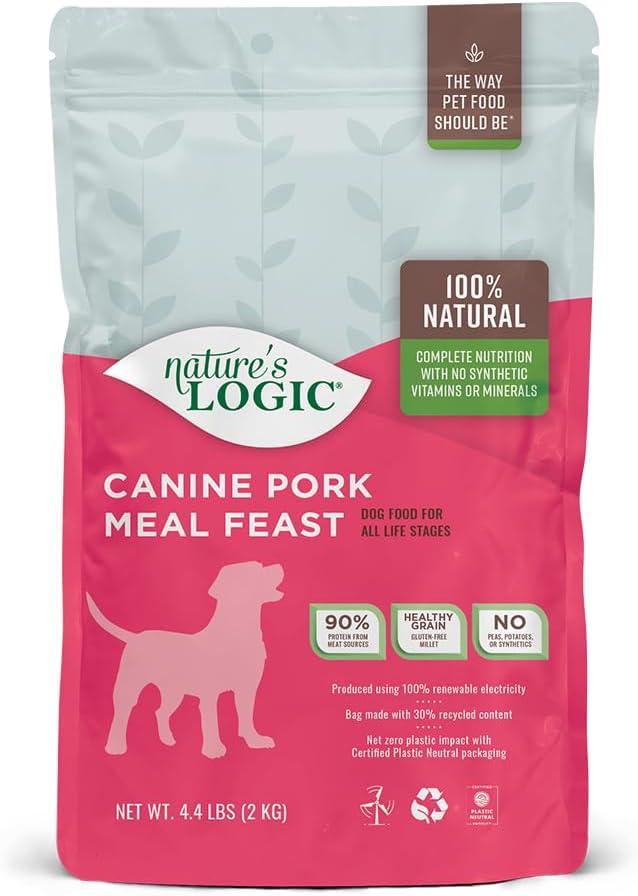 NATURE'S LOGIC Dry Dog Food - 100% Natural - No Synthetics - for All Ages, Sizes, Breeds - Free from Common Allergens, High Protein - Pork Meal Feast, 4.4lbs